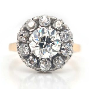 Antique Old Cut Diamond Cluster Engagement Ring, 3.10 carat total, 1.60ct centre surrounded by 1.50 carats of chunky old mine-cut diamonds. Circa 1880