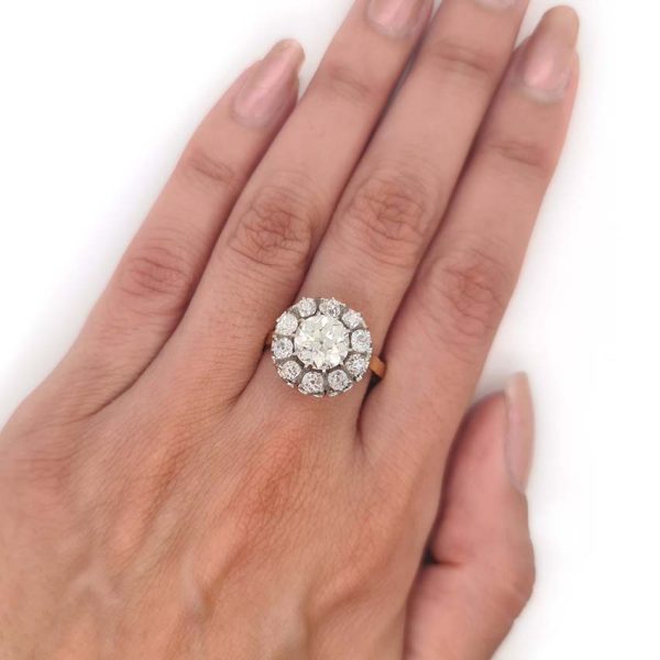 Antique Old Cut Diamond Cluster Engagement Ring, 3.10 carat total, 1.60ct centre surrounded by 1.50 carats of chunky old mine-cut diamonds. Circa 1880