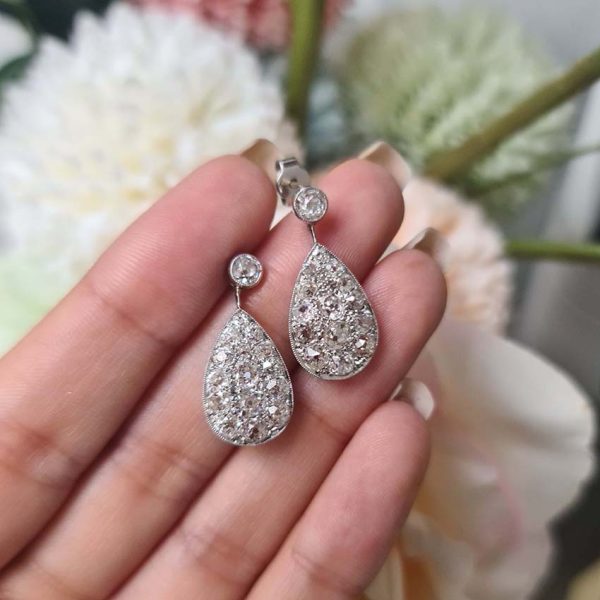 Antique 3.5ct Old Mine Cut Diamond Pear Shaped Cluster Drop Earrings in platinum