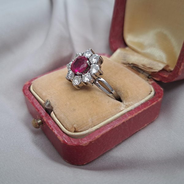 Certified 1.15ct Natural No Heat Ruby and Diamond Floral Cluster Engagement Ring