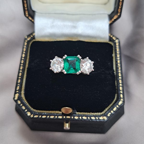 Certified 1.30ct Colombian Emerald and Diamond Three Stone Engagement Ring