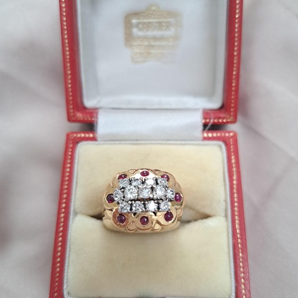 Vintage 1950s Retro Cartier Diamond and Ruby Set Gold Cocktail Statement Ring