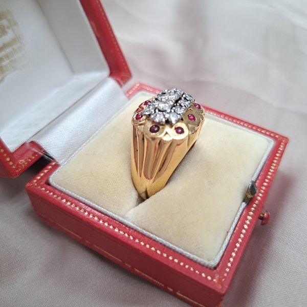 Vintage 1950s Retro Cartier Diamond and Ruby Set Gold Cocktail Statement Ring