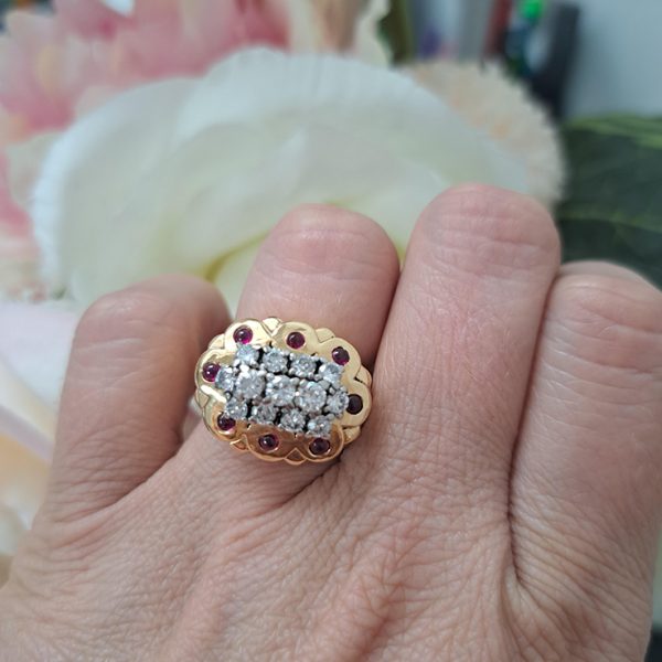 Vintage 1950s Retro Cartier Diamond and Ruby Set Gold Cocktail Statement Ring