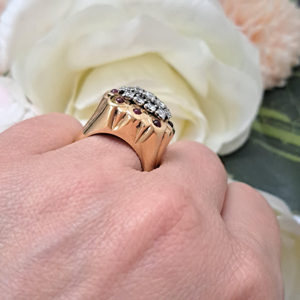 Vintage 1950s Retro Cartier Diamond and Ruby Set Gold Cocktail Statement Ring