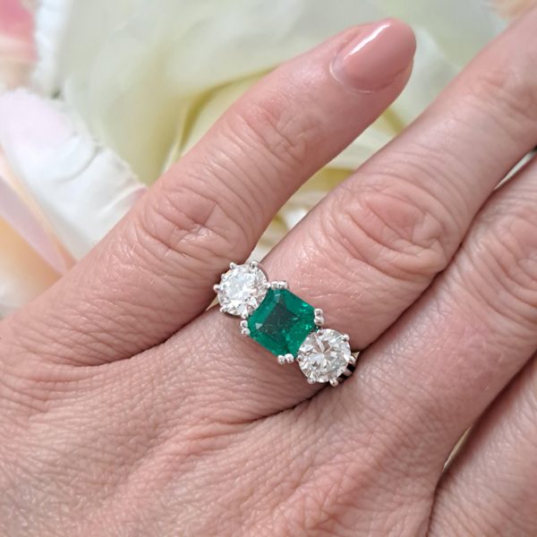 Certified 1.30ct Colombian Emerald and Diamond Three Stone Engagement Ring