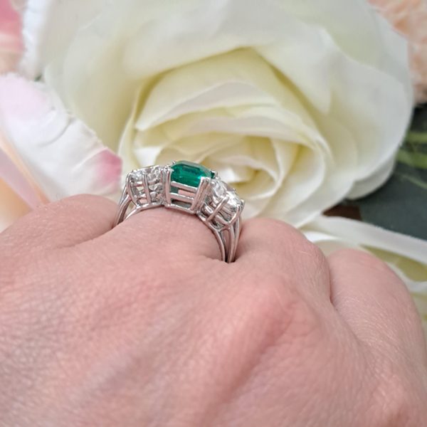 Certified 1.30ct Colombian Emerald and Diamond Three Stone Engagement Ring