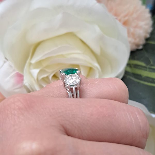 Certified 1.30ct Colombian Emerald and Diamond Three Stone Engagement Ring