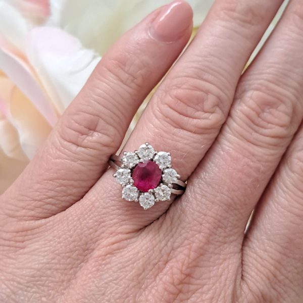 Certified 1.15ct Natural No Heat Burma Ruby and Diamond Cluster Engagement Ring