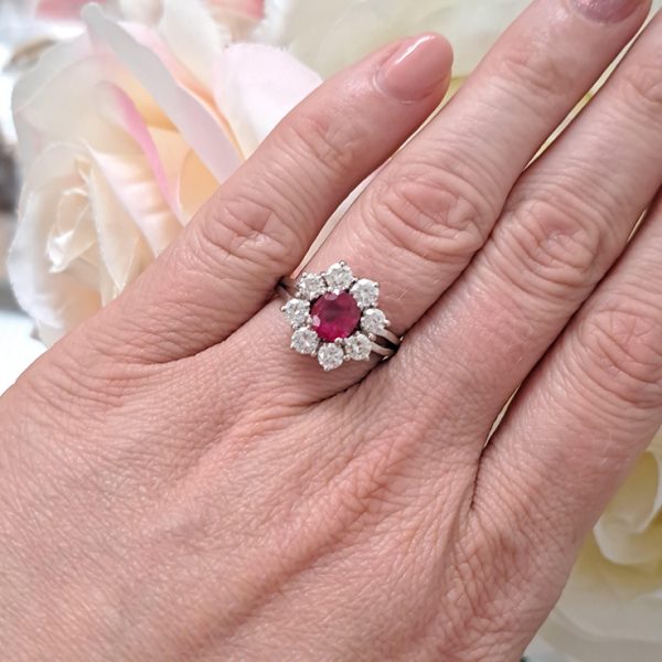 Certified 1.15ct Natural No Heat Ruby and Diamond Flower Cluster Engagement Ring