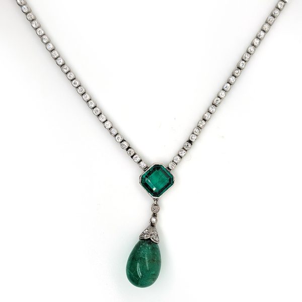 Art Deco 8ct Pear Teardrop Cabochon Emerald Pendant and Diamond Long Line Necklace in Platinum