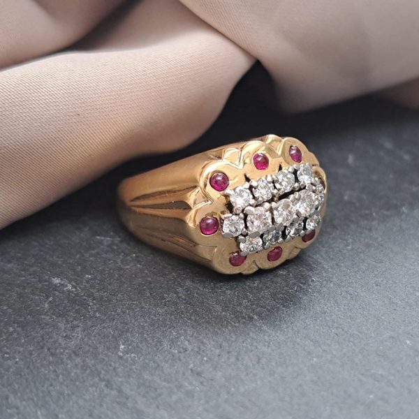 Vintage 1950s Retro Cartier Diamond and Ruby Set Gold Cocktail Statement Ring