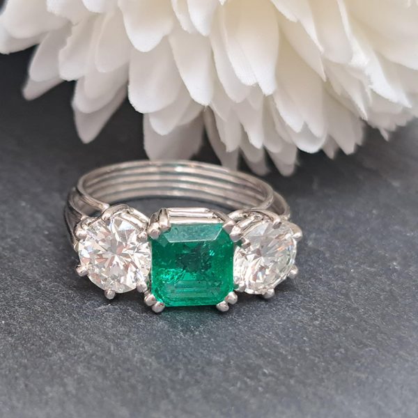 Certified 1.30ct Colombian Emerald and Diamond Three Stone Engagement Ring