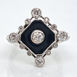 Late Art Deco Onyx and Diamond Cluster Ring