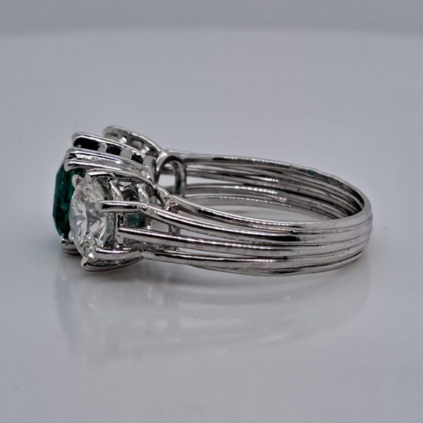 Certified 1.30ct Colombian Emerald and Diamond Three Stone Engagement Ring