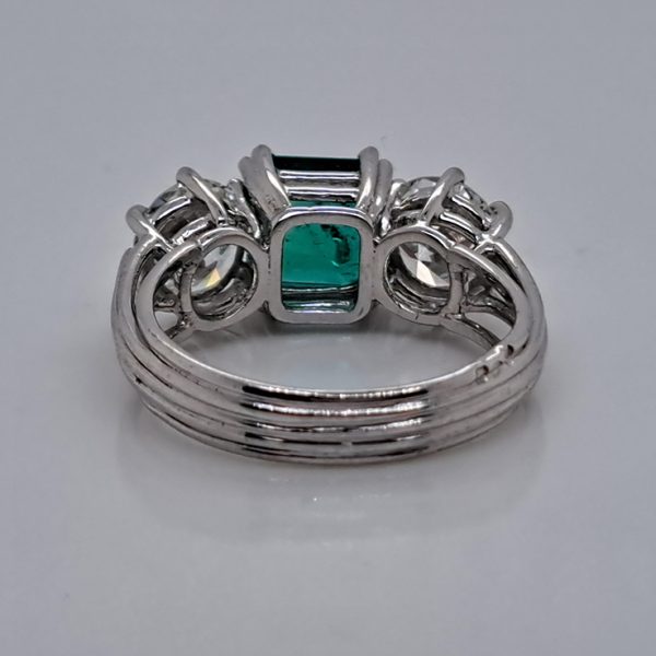 Certified 1.30ct Colombian Emerald and Diamond Three Stone Engagement Ring