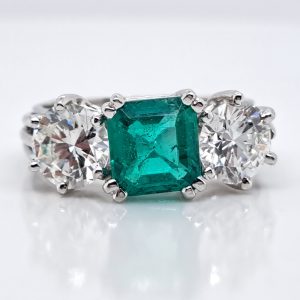 Colombian Emerald and Diamond Three Stone Engagement Ring