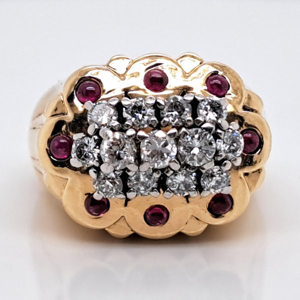 Vintage 1950s Retro Cartier Diamond and Ruby Set Gold Cocktail Statement Ring