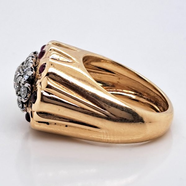 Vintage 1950s Retro Cartier Diamond and Ruby Set Gold Cocktail Statement Ring