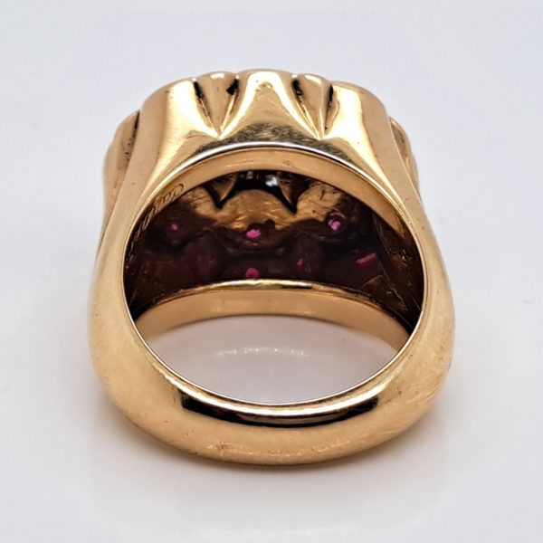 Vintage 1950s Retro Cartier Diamond and Ruby Set Gold Cocktail Statement Ring