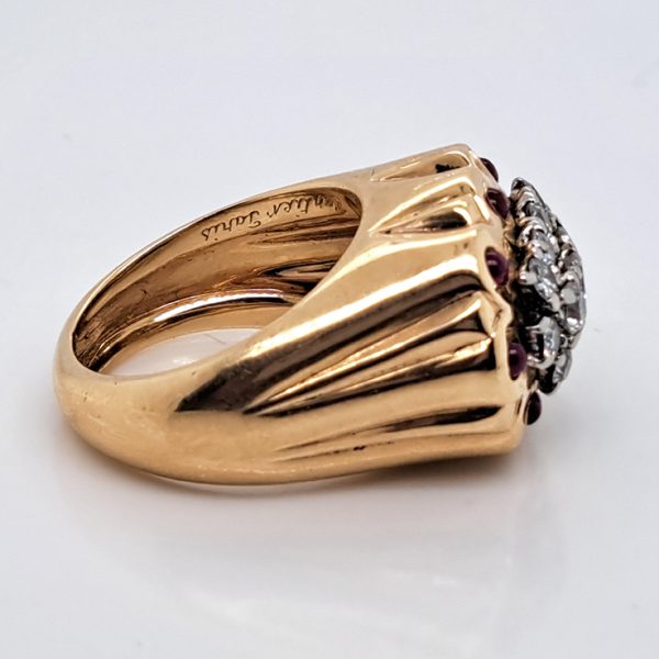 Vintage 1950s Retro Cartier Diamond and Ruby Set Gold Cocktail Statement Ring