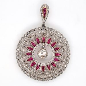 Antique Belle Epoque Diamond and Ruby Cluster Circular Pendant