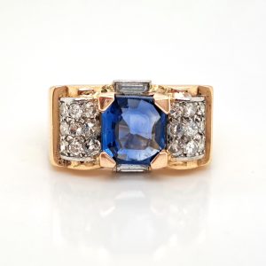 Vintage 1940s Retro Ceylon Sapphire and Diamond Tank Ring