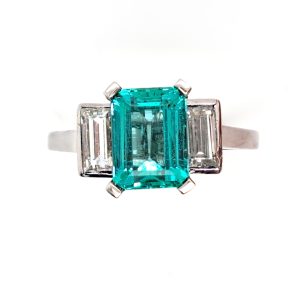 Colombian Emerald and Baguette Diamond Three Stone Engagement Ring in Platinum