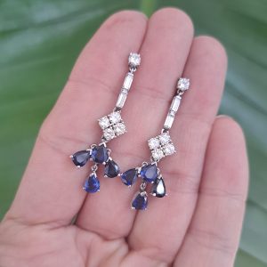 Vintage sapphire and diamond drop earrings pear shape and baguette cut