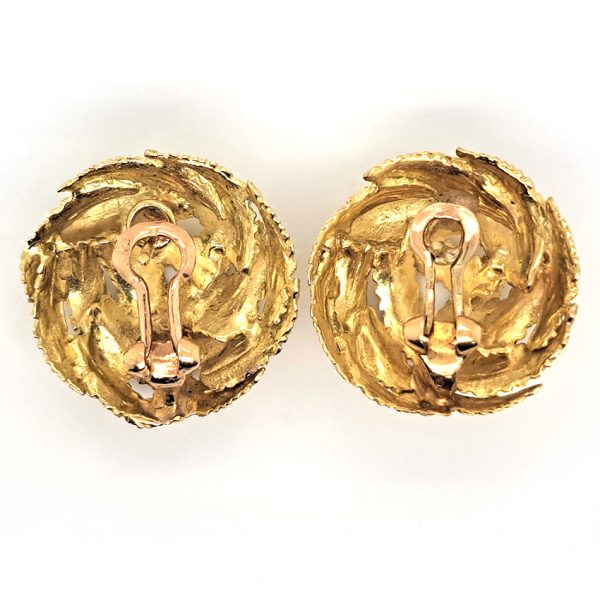 Vintage Hermes 18ct Yellow Gold Leaf Circular Clip Earrings