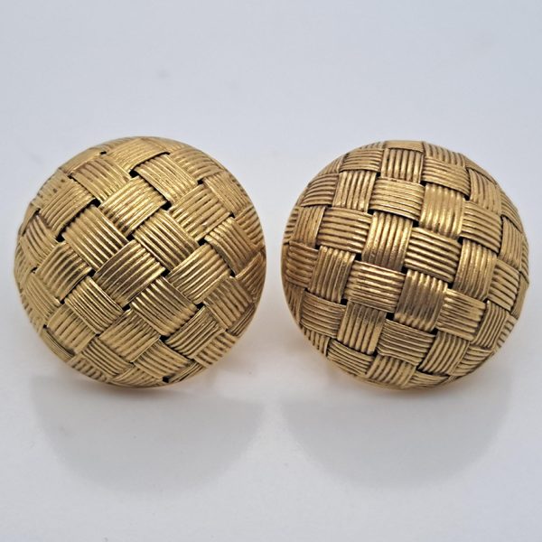 Vintage Italian 18ct Yellow Gold Circular Basket Weave Clip Earrings, Circa 1980s