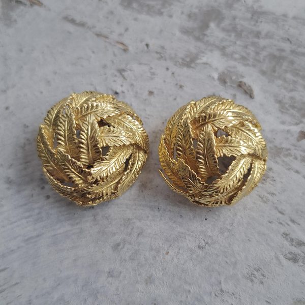 Vintage Hermes 18ct Yellow Gold Leaf Circular Clip Earrings