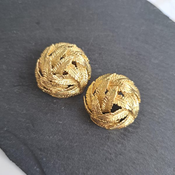 Vintage French Hermes 18ct Yellow Gold Leaf Circular Clip Earrings