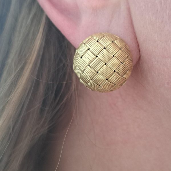 Vintage Italian 18ct Yellow Gold Circular Basket Weave Clip Earrings, Circa 1980s