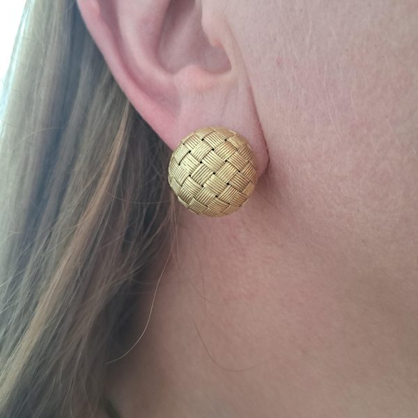 Vintage Italian 18ct Yellow Gold Circular Basket Weave Clip Earrings, Circa 1980s