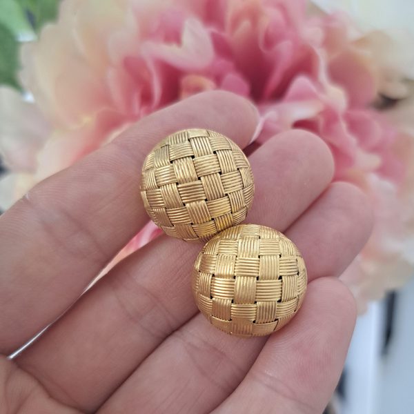 Vintage Italian 18ct Yellow Gold Circular Basket Weave Clip Earrings, Circa 1980s