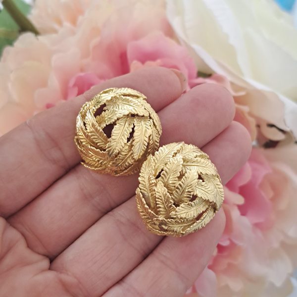 Vintage French 18ct Yellow Gold Leaf Circular Clip Earrings by Hermes