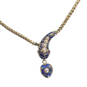 Victorian Antique Natural Pearl Blue Enamel and Gold Snake Necklace with Garnet Eyes, Circa 1850 with Provenence / History of This Piece