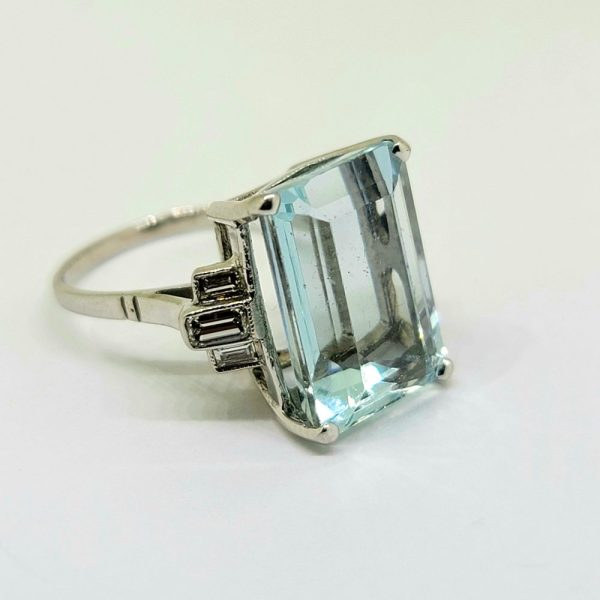 9.20ct Emerald Cut Aquamarine and Baguette Diamond Cocktail Ring in Platinum