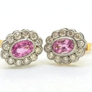 1.50ct Oval Pink Sapphire and Diamond Floral Cluster Stud Earrings