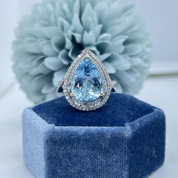 6.04ct Pear Cut Aquamarine and Double Diamond Cluster Dress Ring