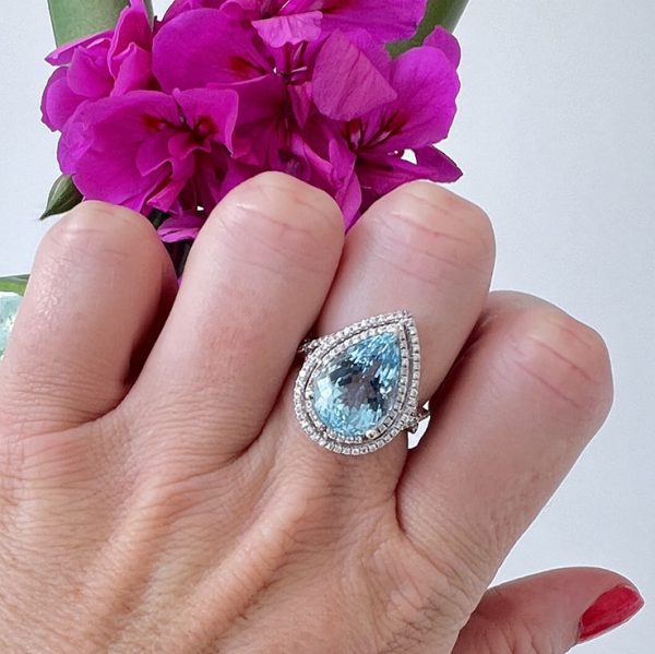 6.04ct Pear Cut Aquamarine and Double Diamond Cluster Dress Ring