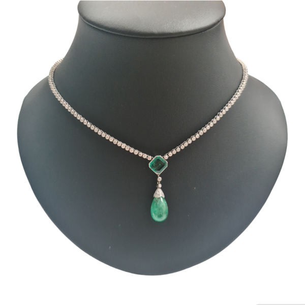 Art Deco 8ct Pear Teardrop Cabochon Emerald Pendant and Diamond Long Line Necklace in Platinum