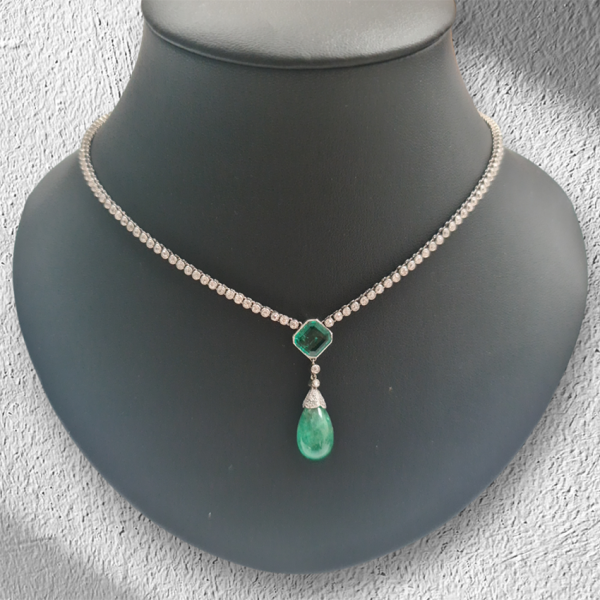 Art Deco 8ct Pear Teardrop Cabochon Emerald Pendant and Diamond Long Line Necklace in Platinum