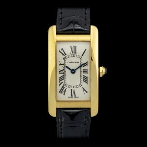 Vintage Cartier Tank Americaine 2482 Ladies 18ct Yellow Gold Quartz Watch on black crocodile strap with fitted yellow gold pink buckle. Comes with original red Cartier box and Cartier papers