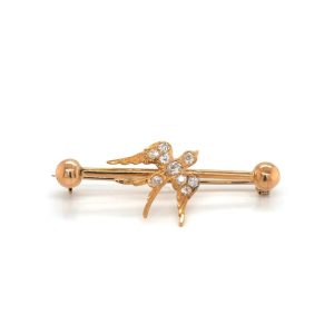 Edwardian Diamond Swallow Bar Brooch In 15 Carat Yellow Gold