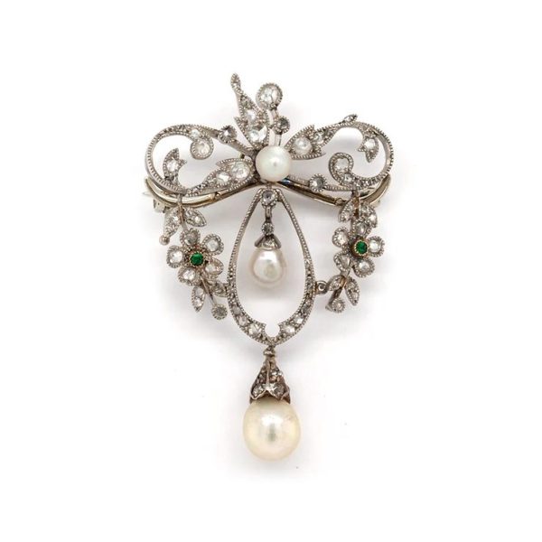 Platinum, pearl, emerald and diamond brooch.