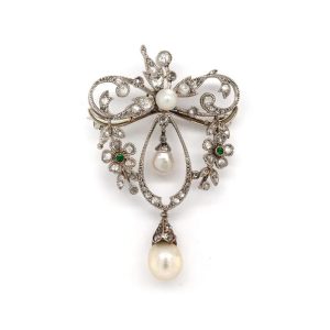 Edwardian Platinum, Pearl, Emerald And Diamond Brooch