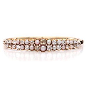 Edwardian Old Cut Diamond And Pearl Hinged Bangle In 18 Carat Yellow Gold