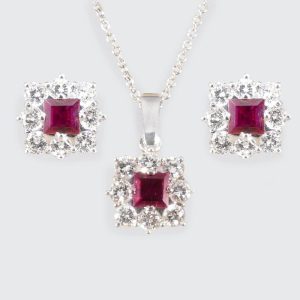 Vintage Ruby And Diamond Cluster Earrings And Necklace Set In White Gold